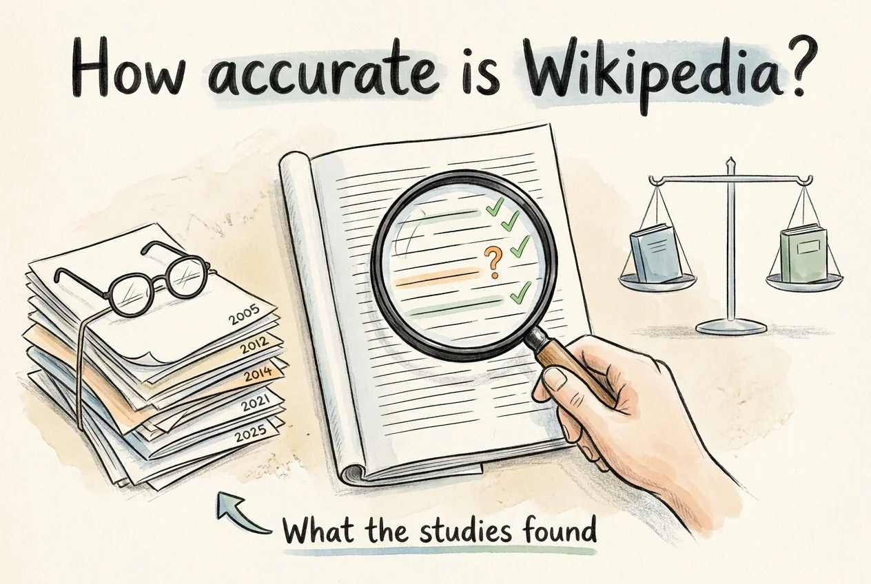 An encyclopedia page under a magnifying glass beside a stack of research papers