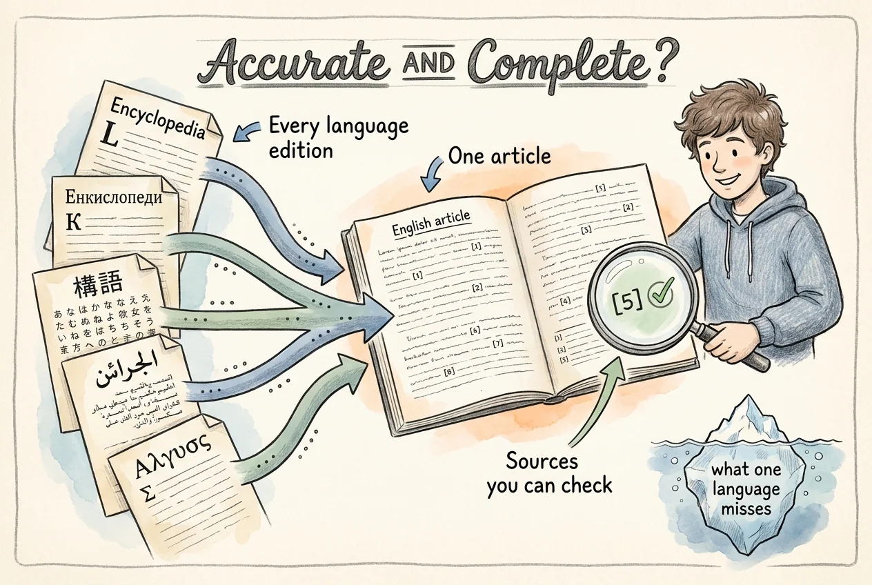 Encyclopedia pages in five scripts flowing into one English article, checked with a magnifying glass